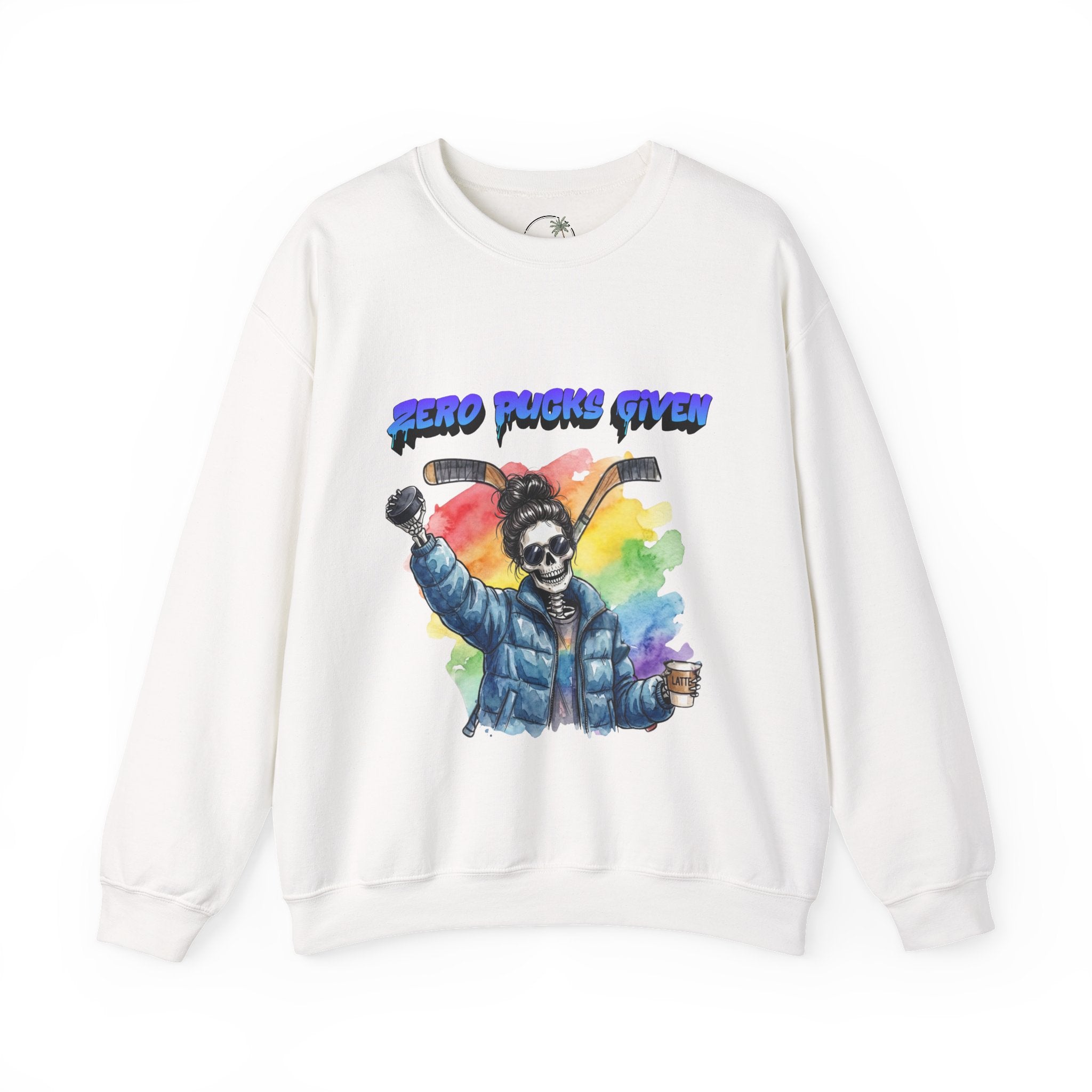 Zero Pucks Given Skeleton Hockey Player Crewneck sweatshirt | Rainbow Graphic
