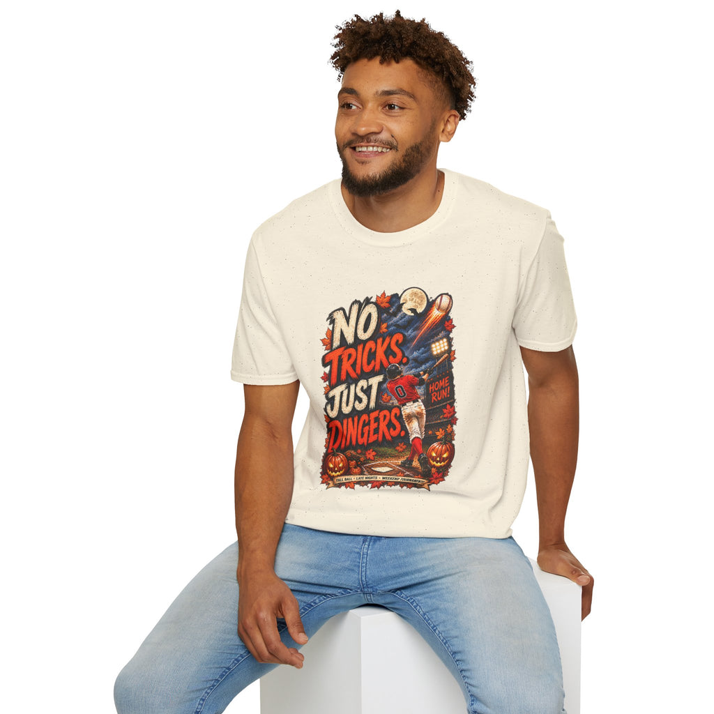 No Tricks Just Dingers T-Shirt | Halloween Baseball Pumpkin Moon Retro