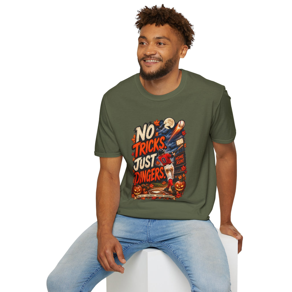 No Tricks Just Dingers T-Shirt | Halloween Baseball Pumpkin Moon Retro