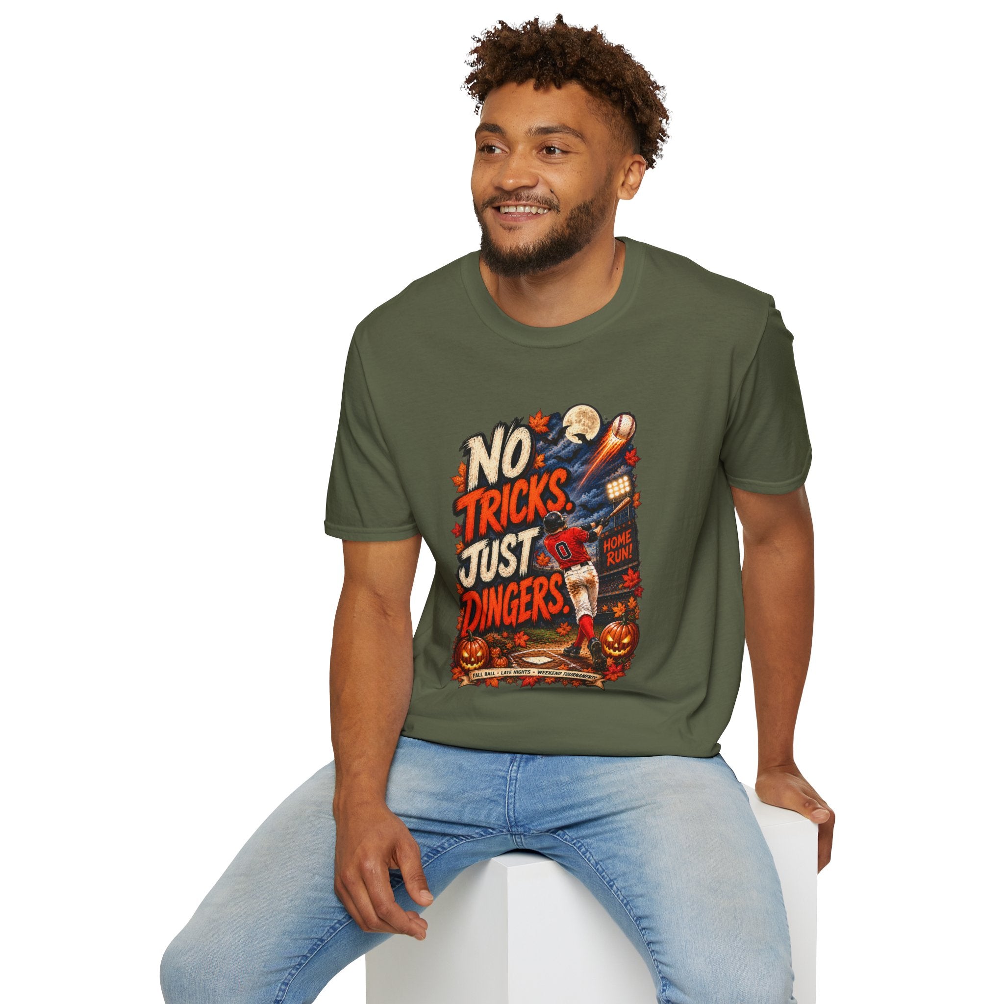 No Tricks Just Dingers T-Shirt | Halloween Baseball Pumpkin Moon Retro