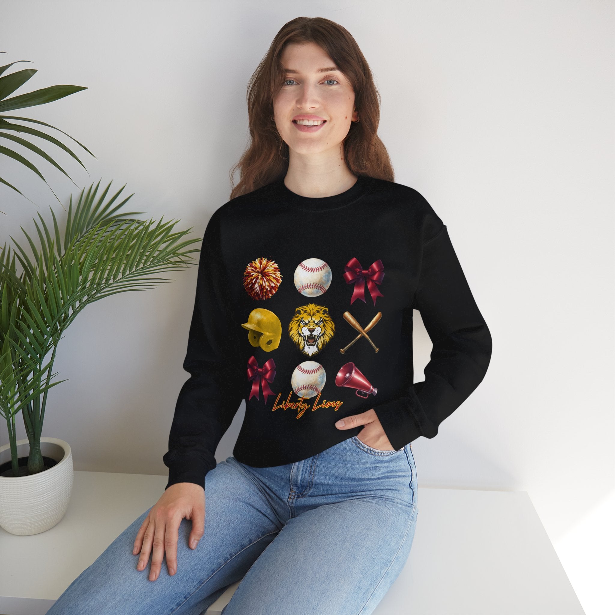 Liberty Lions baseball icons Sweatshirt | lion helmet bats bow pom pom