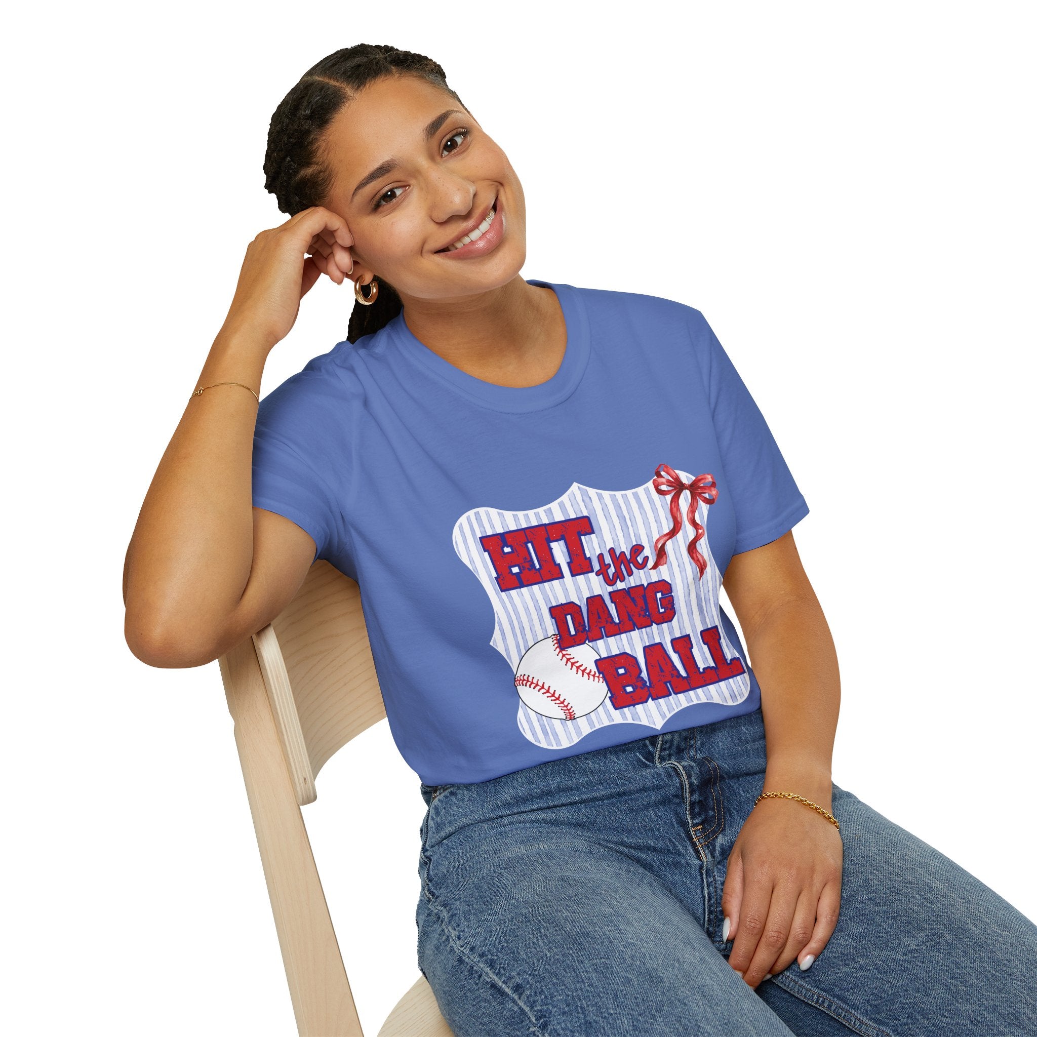 Preppy Hit the Dang Ball T-Shirt | Girly Baseball Graphic, Red White Blue Stripes