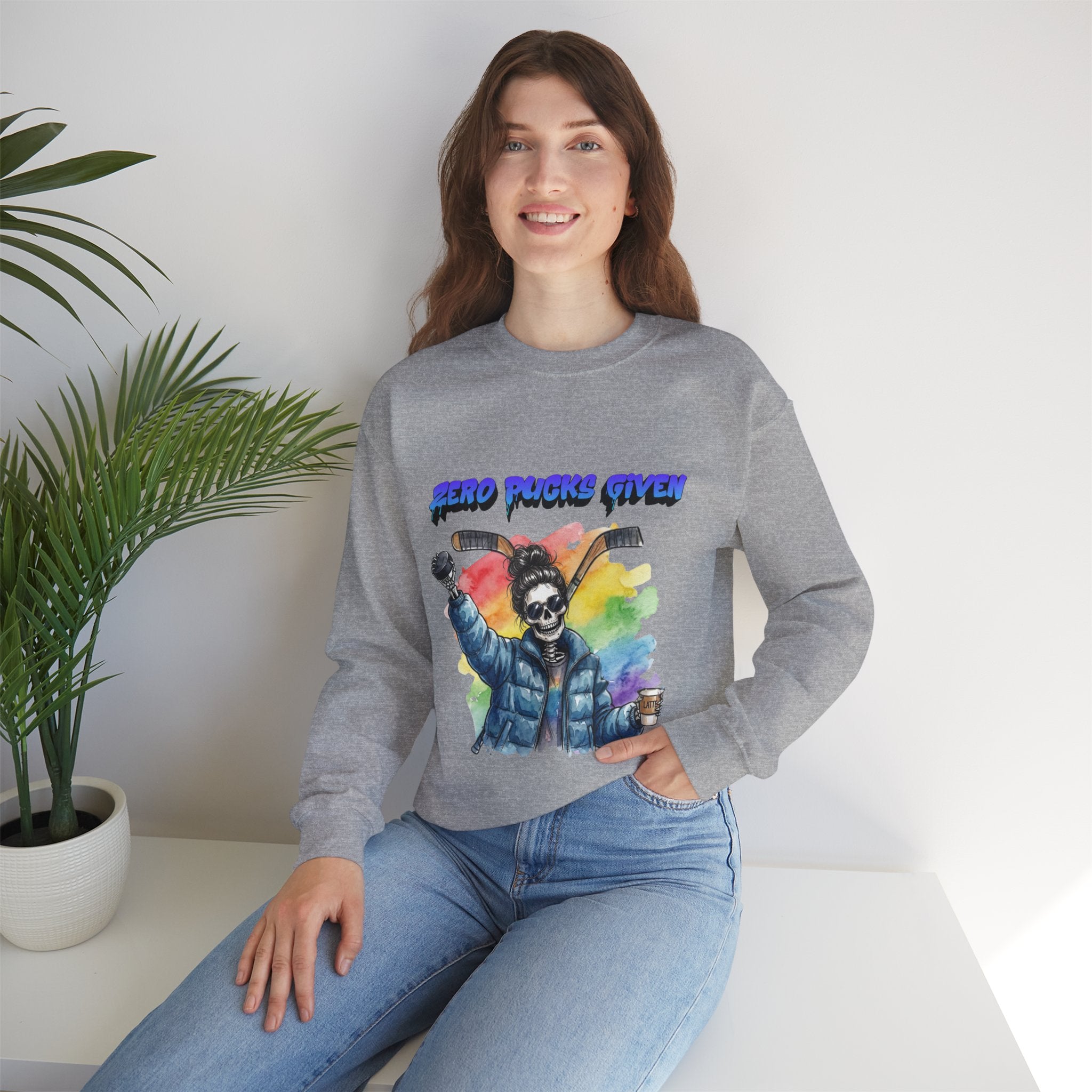 Zero Pucks Given Skeleton Hockey Player Crewneck sweatshirt | Rainbow Graphic