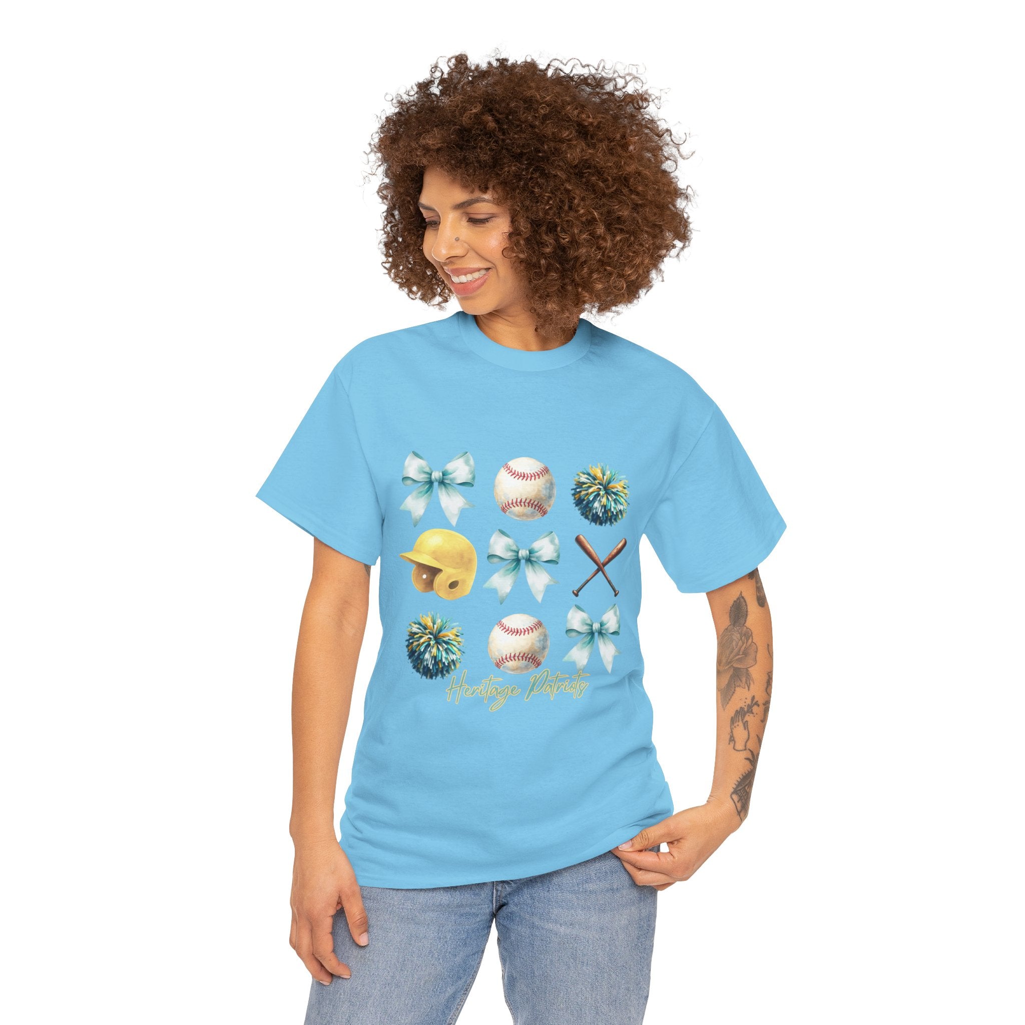Heritage Baseball Grid with Bows Tee | Helmet, Bat, Ball, Pom Poms