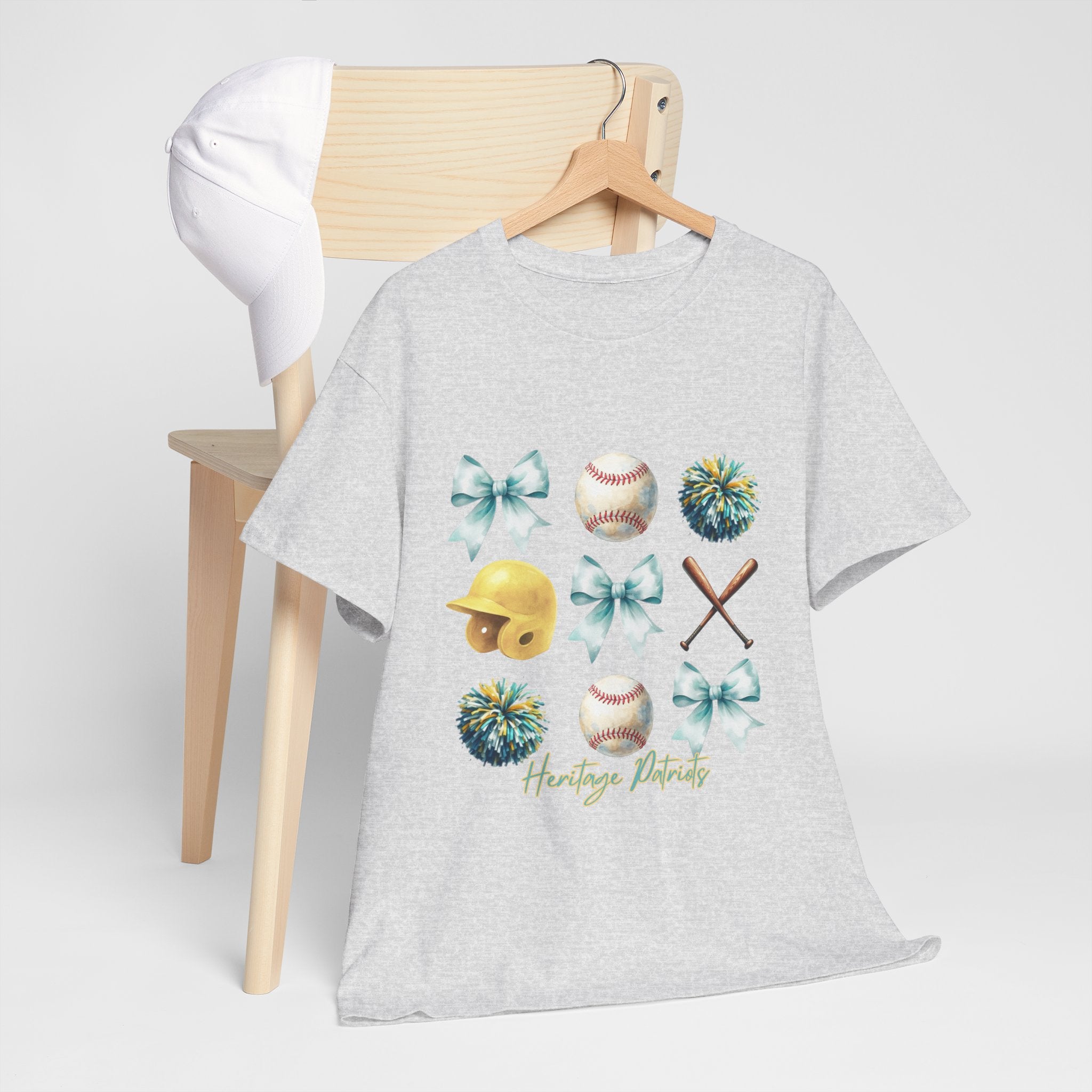 Heritage Baseball Grid with Bows Tee | Helmet, Bat, Ball, Pom Poms