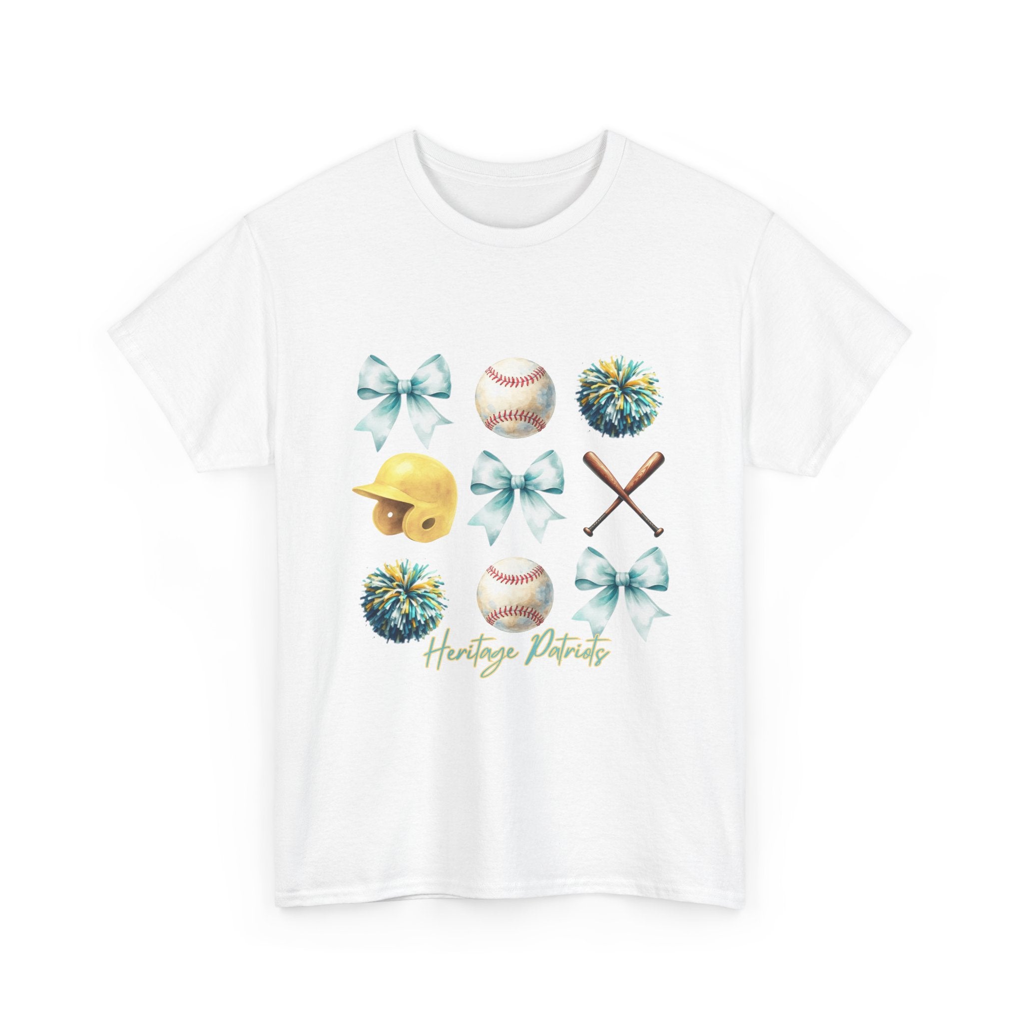 Heritage Baseball Grid with Bows Tee | Helmet, Bat, Ball, Pom Poms