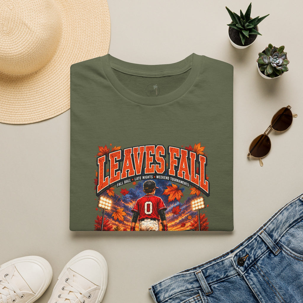 Leaves Fall Baseball Player T-Shirt | Autumn Sports Graphic