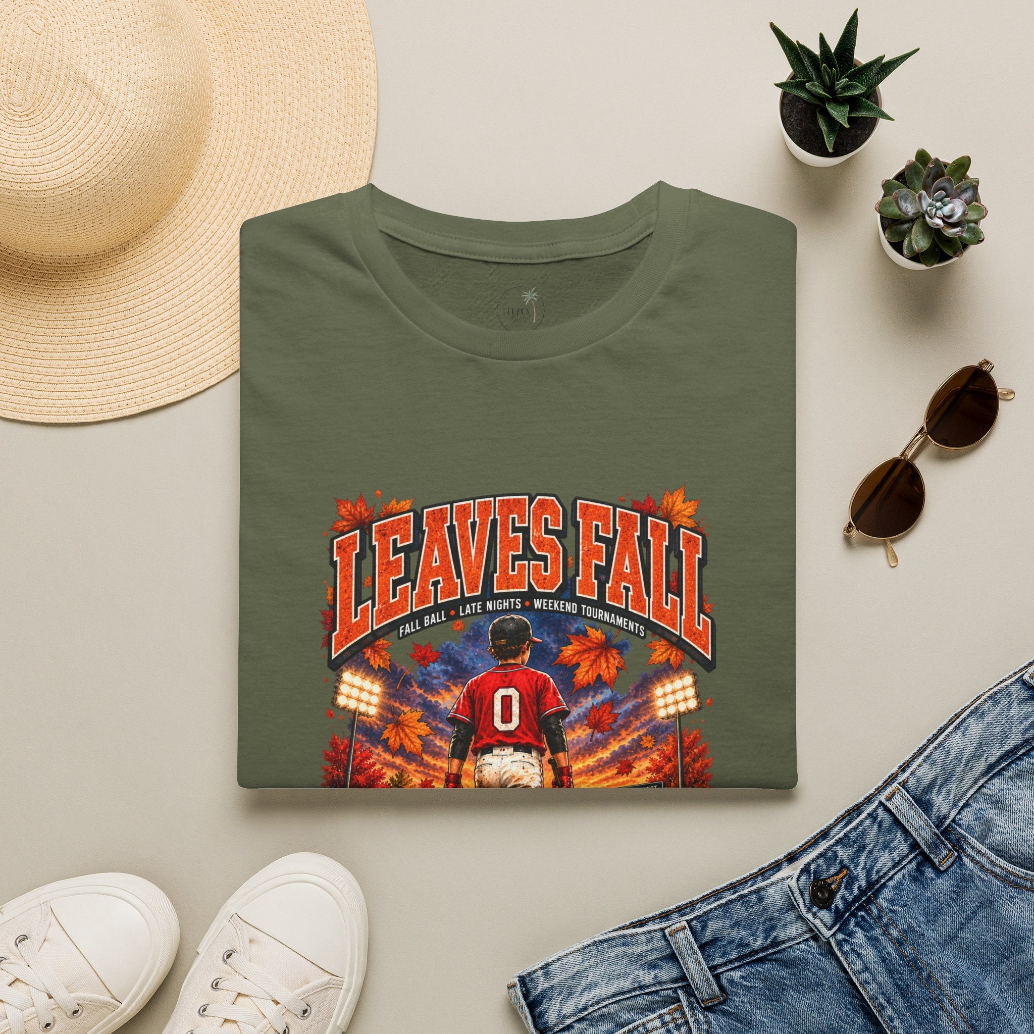 Leaves Fall Baseball Player T-Shirt | Autumn Sports Graphic