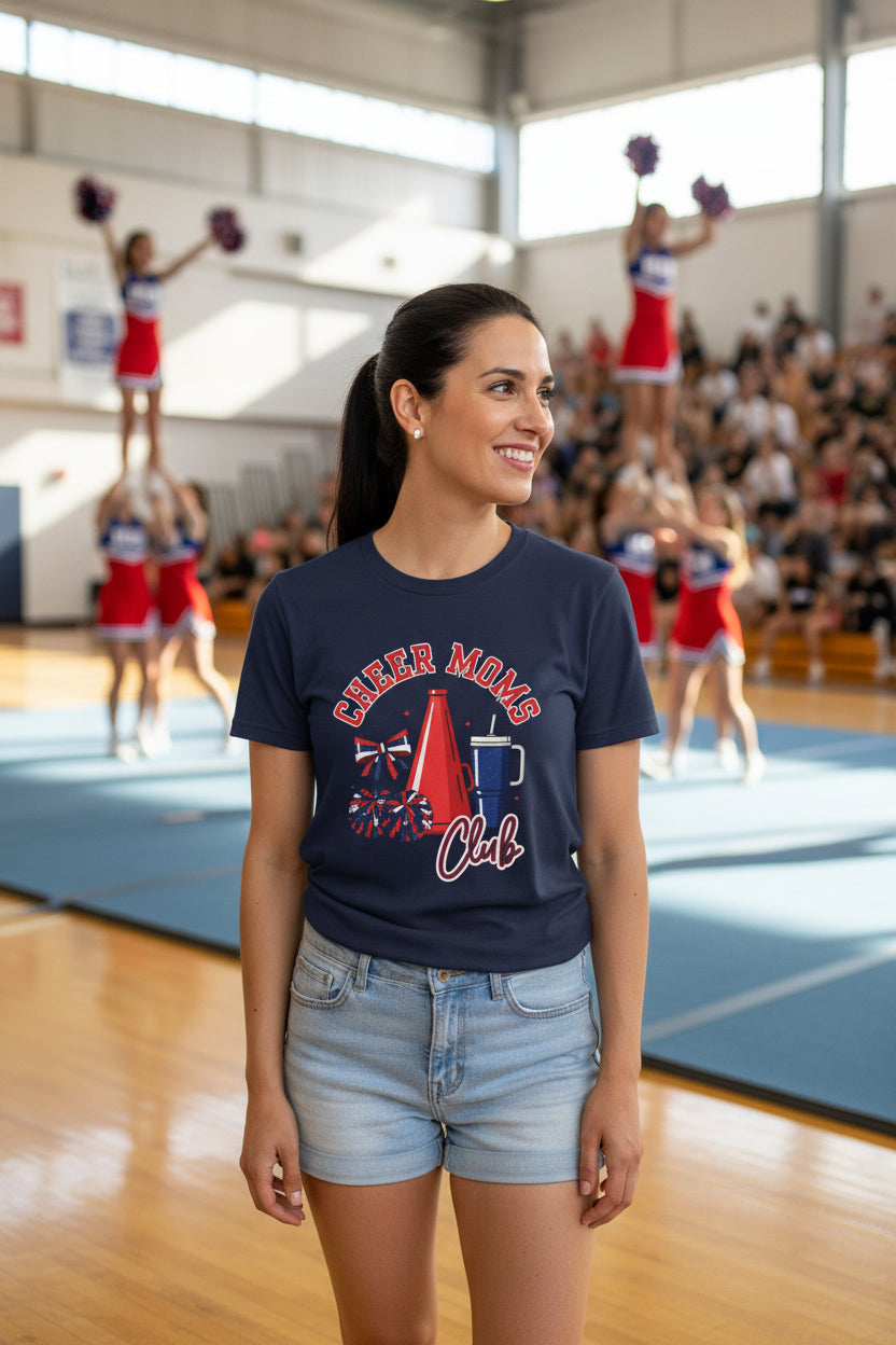 Cheer Moms Club Tee | Cheerleading Pom Poms, Megaphone, Bow Shirt