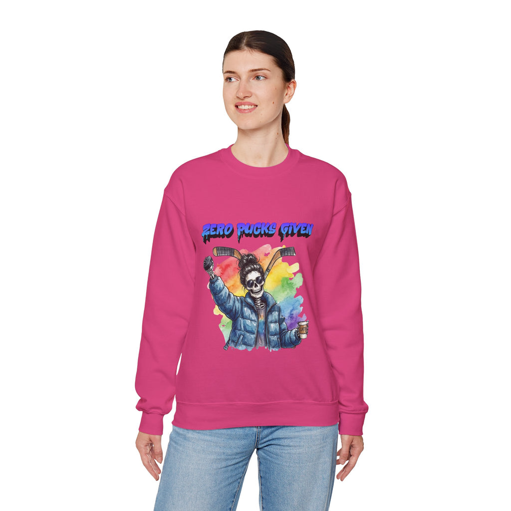 Zero Pucks Given Skeleton Hockey Player Crewneck sweatshirt | Rainbow Graphic
