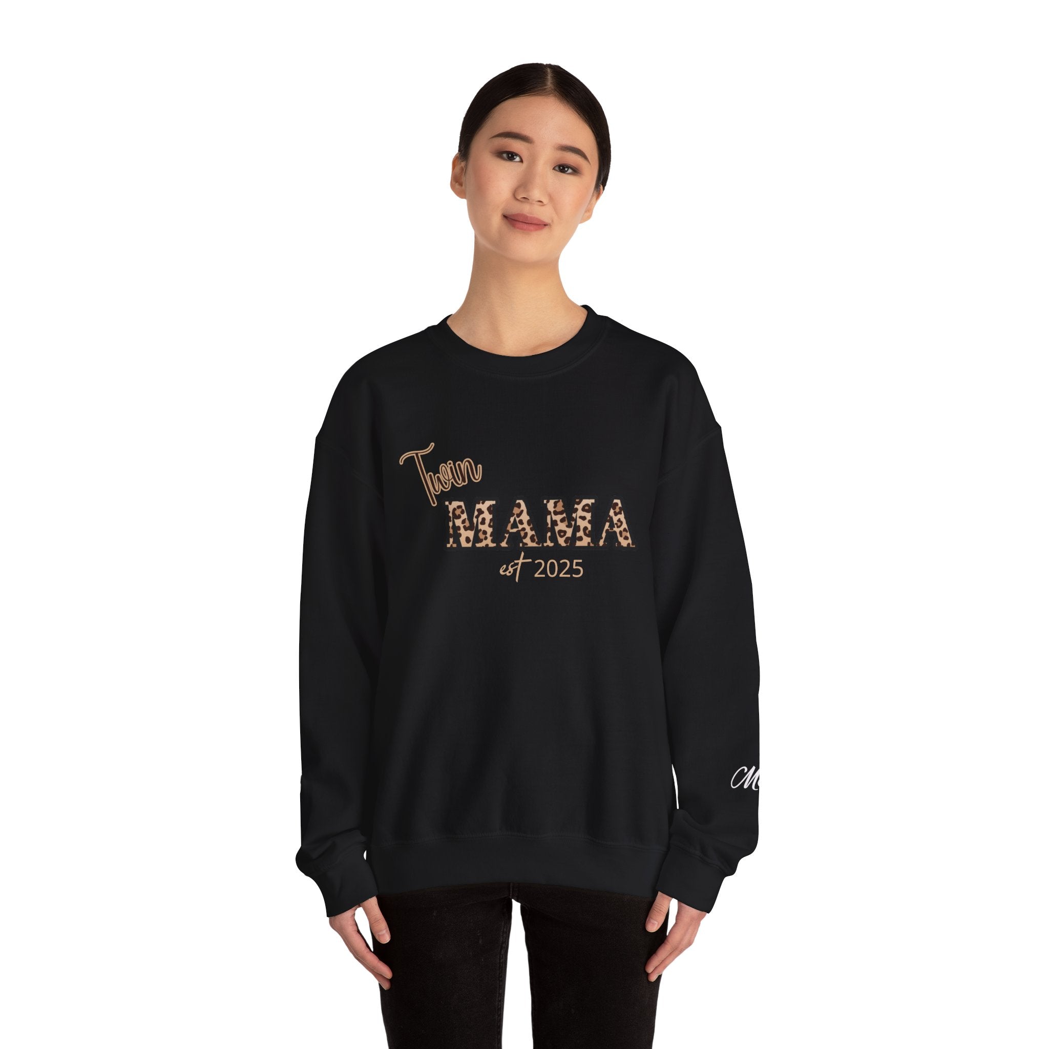 Twin Mama crewneck sweatshirt Customizable| Leopard print MAMA, est. 2025, name sleeve