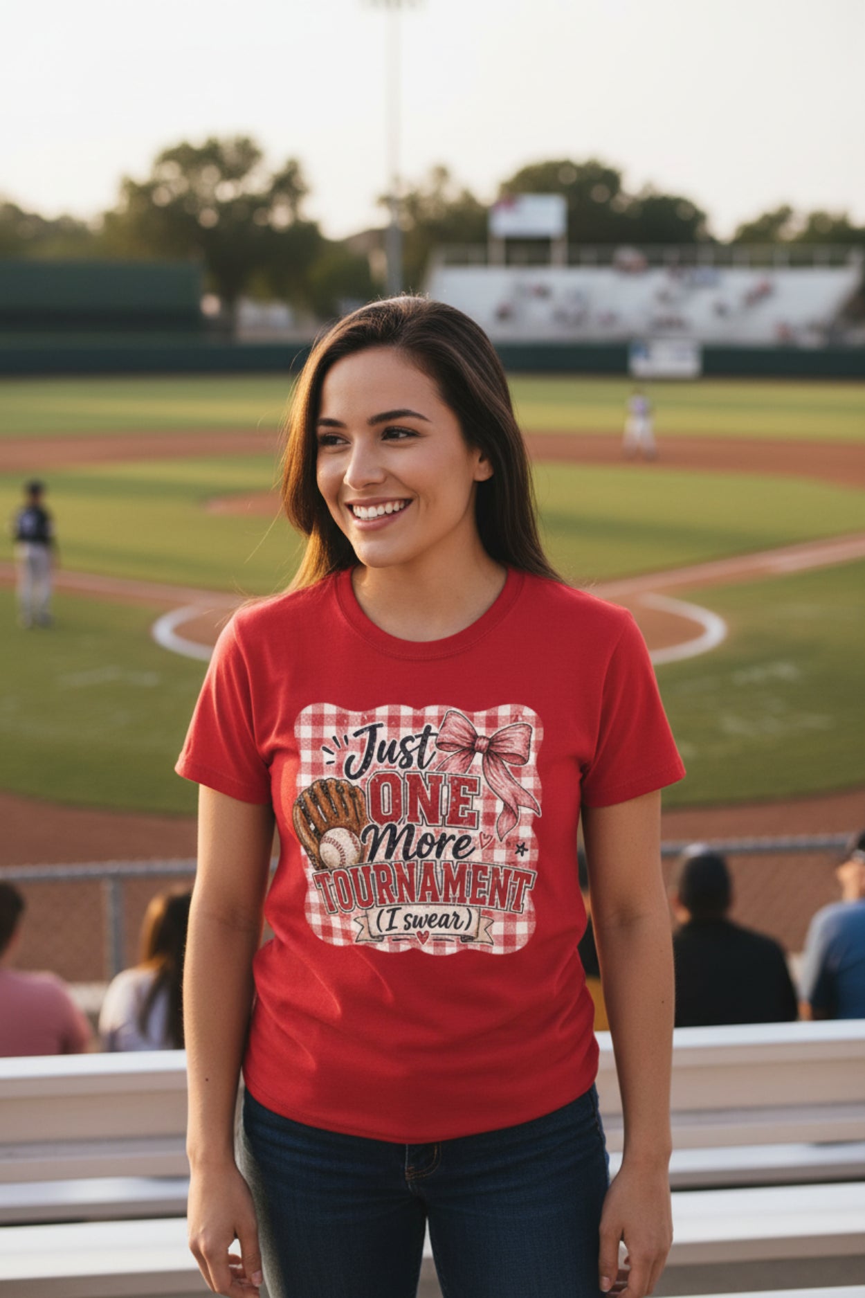Red t-shirt with plaid design and text on a white background