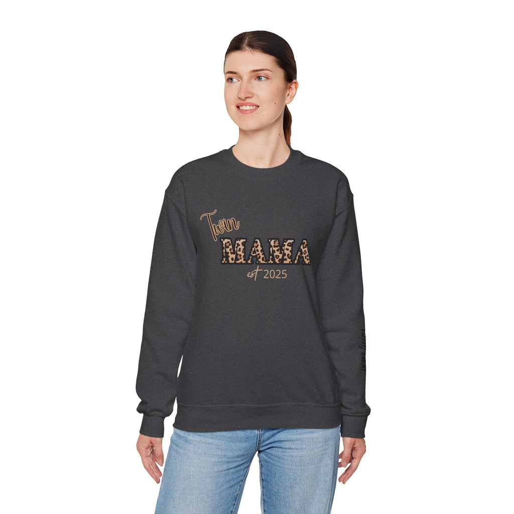 Twin Mama crewneck sweatshirt Customizable| Leopard print MAMA, est. 2025, name sleeve