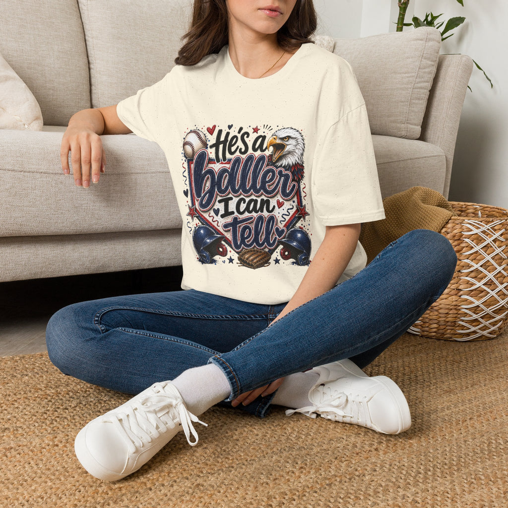 EAGLES-"He's a Ball-er I Can Tell" Patriotic Eagle Design Baseball Mom T‑Shirt —