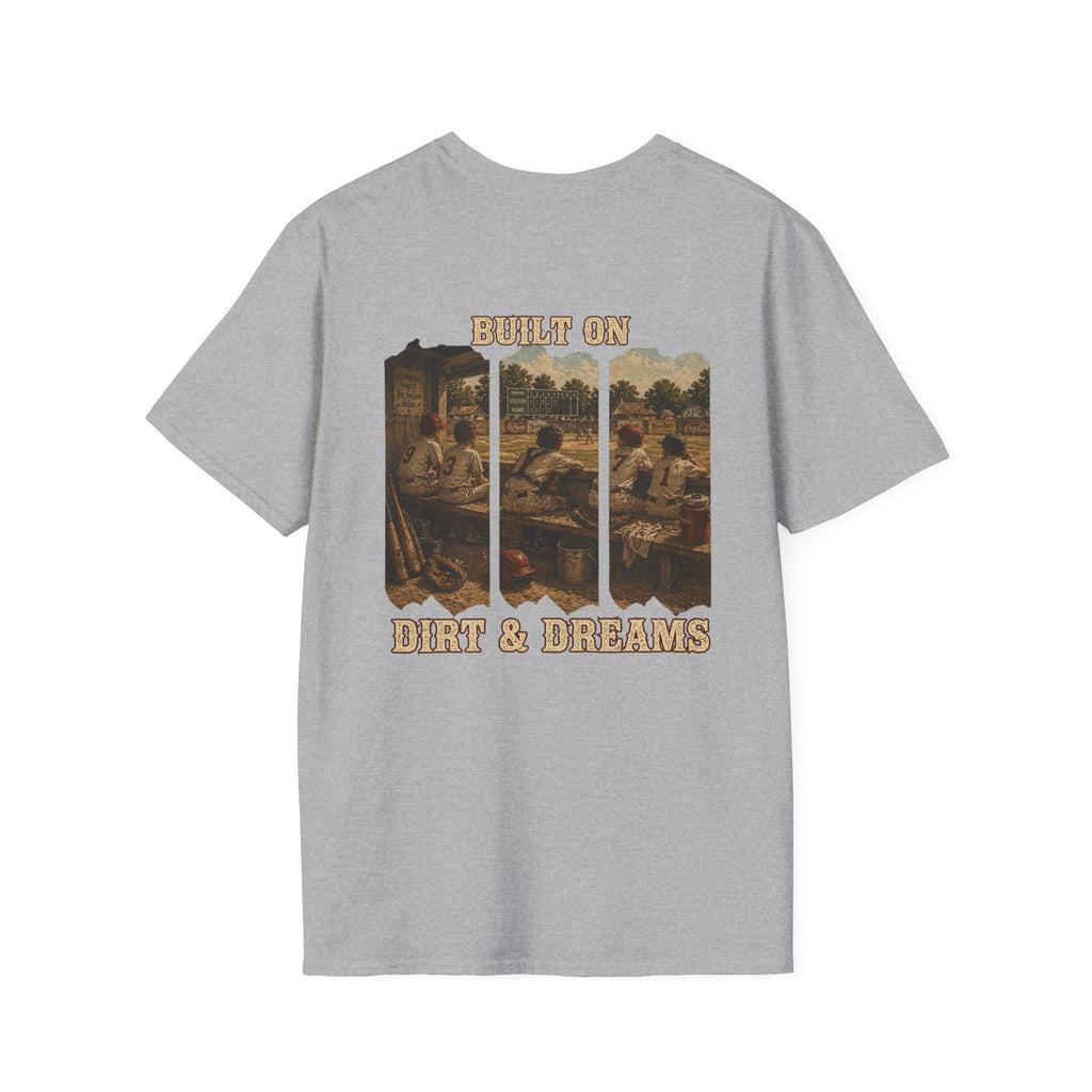 Vintage Baseball Shirt Built on Dirt and Dreams, Nostalgic Baseball Graphic Tee, Classic Fan Shirt, Dugout Scene Tee, Game Day Shirt