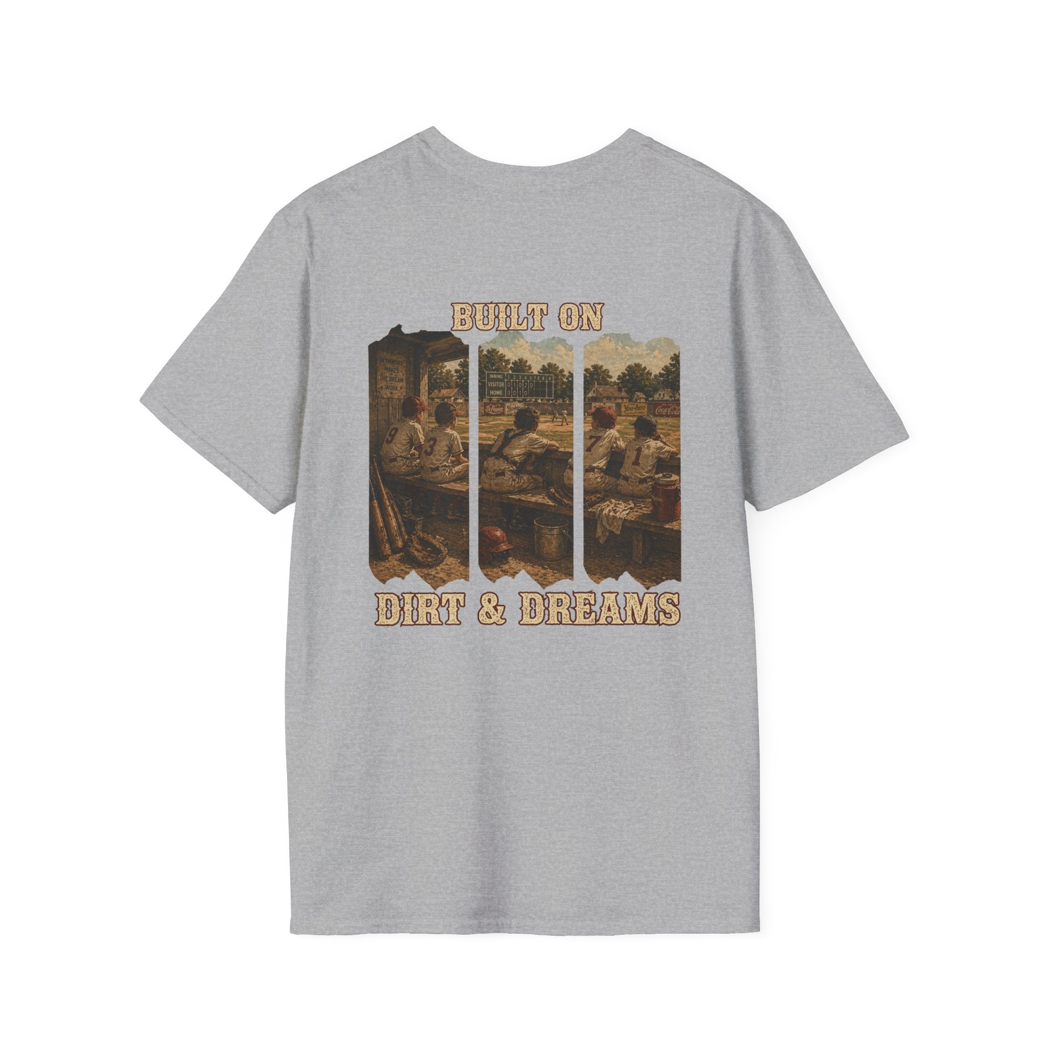 Vintage Baseball Shirt Built on Dirt and Dreams, Nostalgic Baseball Graphic Tee, Classic Fan Shirt, Dugout Scene Tee, Game Day Shirt