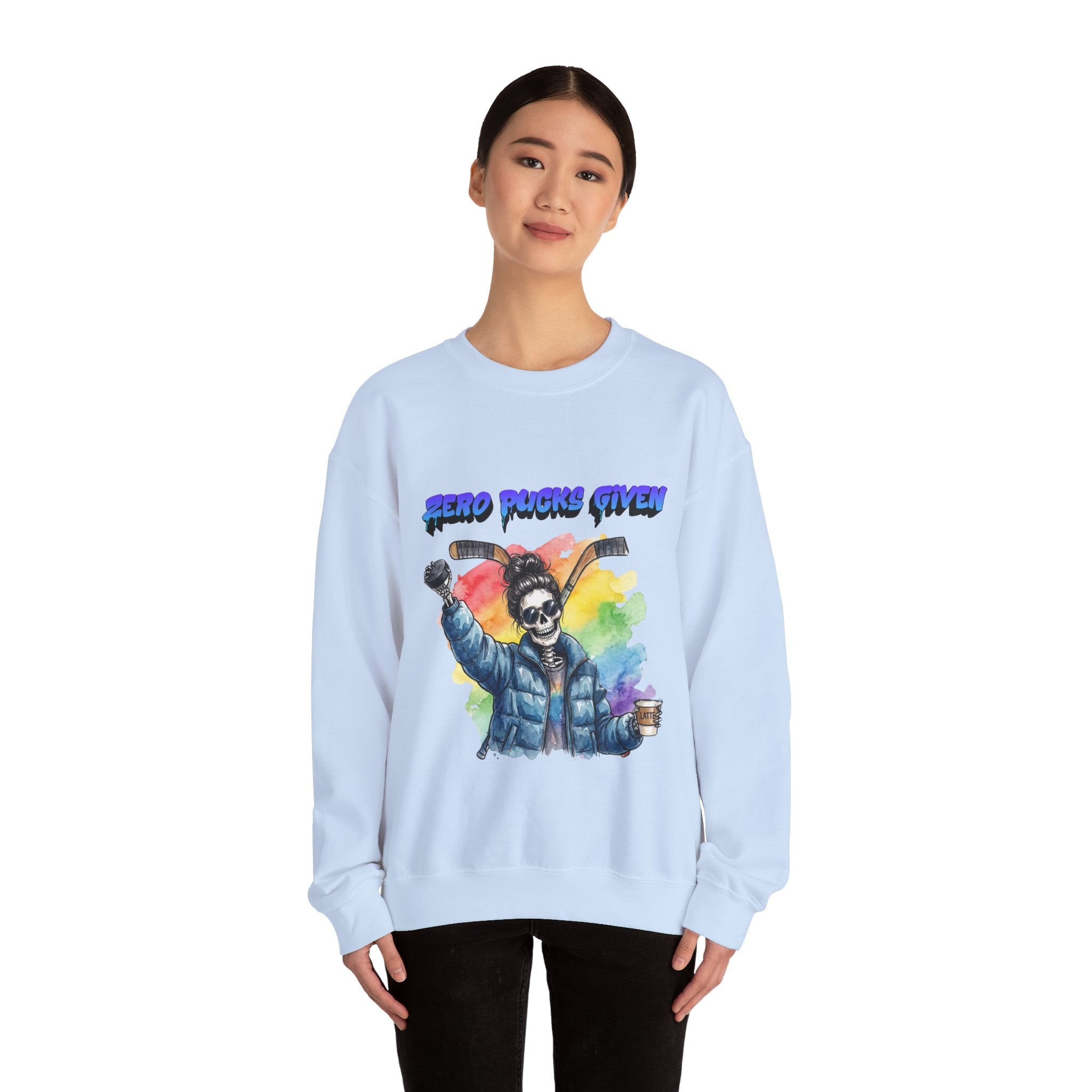 Zero Pucks Given Skeleton Hockey Player Crewneck sweatshirt | Rainbow Graphic