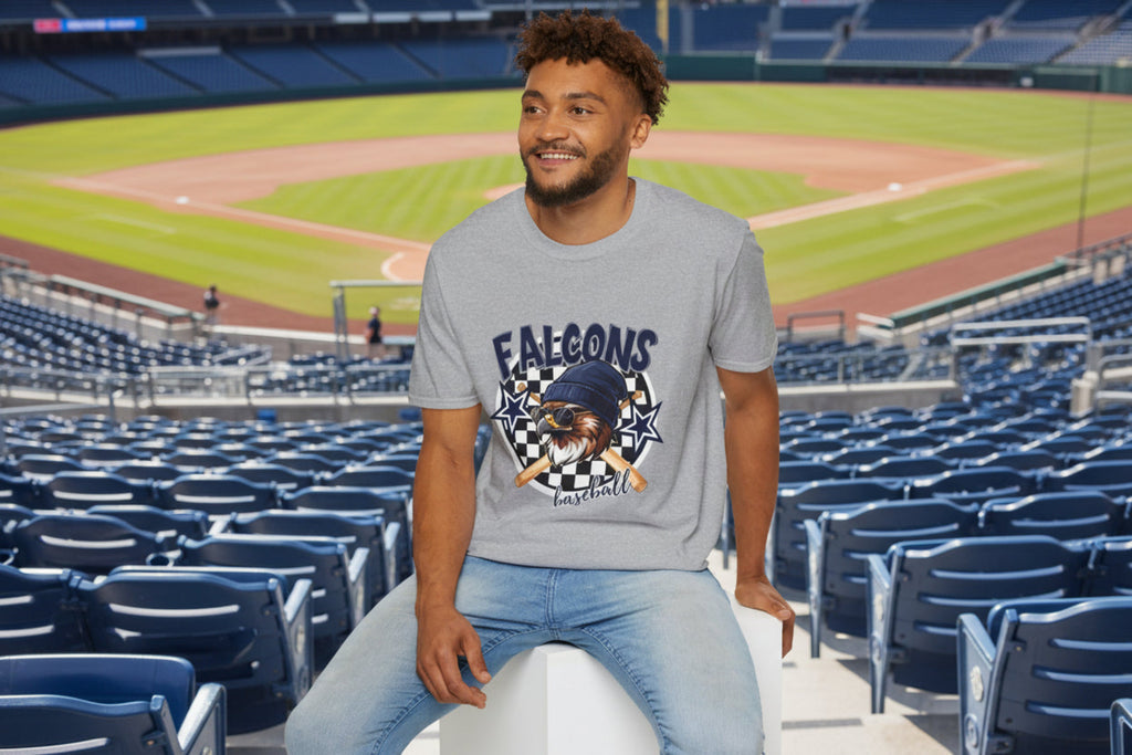 Falcons Eagle Baseball T-Shirt | Checkerboard Stars, Bat Helmet Sports Design