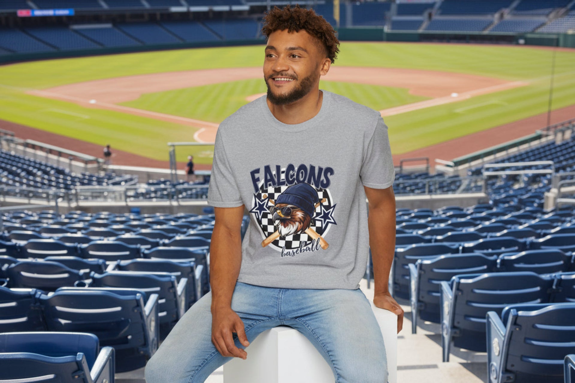 Falcons Eagle Baseball T-Shirt | Checkerboard Stars, Bat Helmet Sports Design