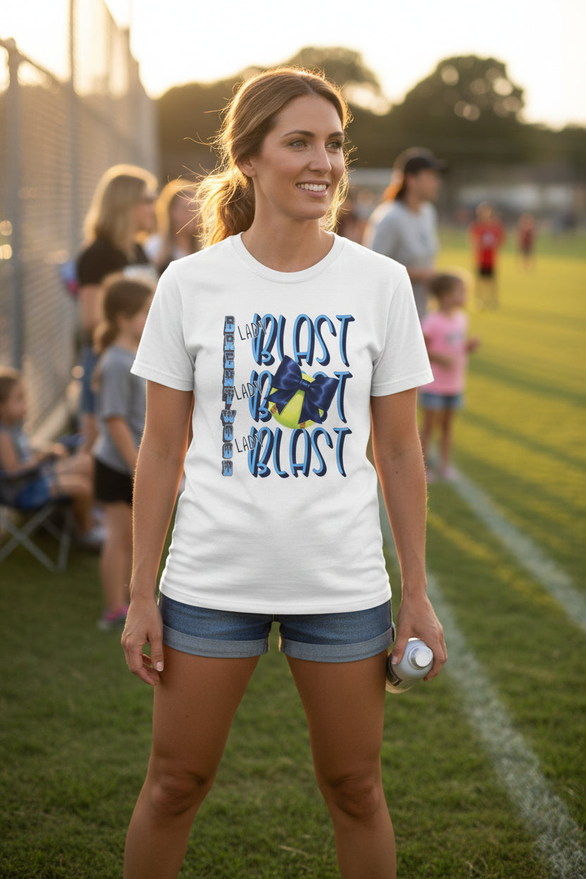 Brentwood Blast Softball Graphic Tee | Retro Camera Illustration, Blue Yellow Typography