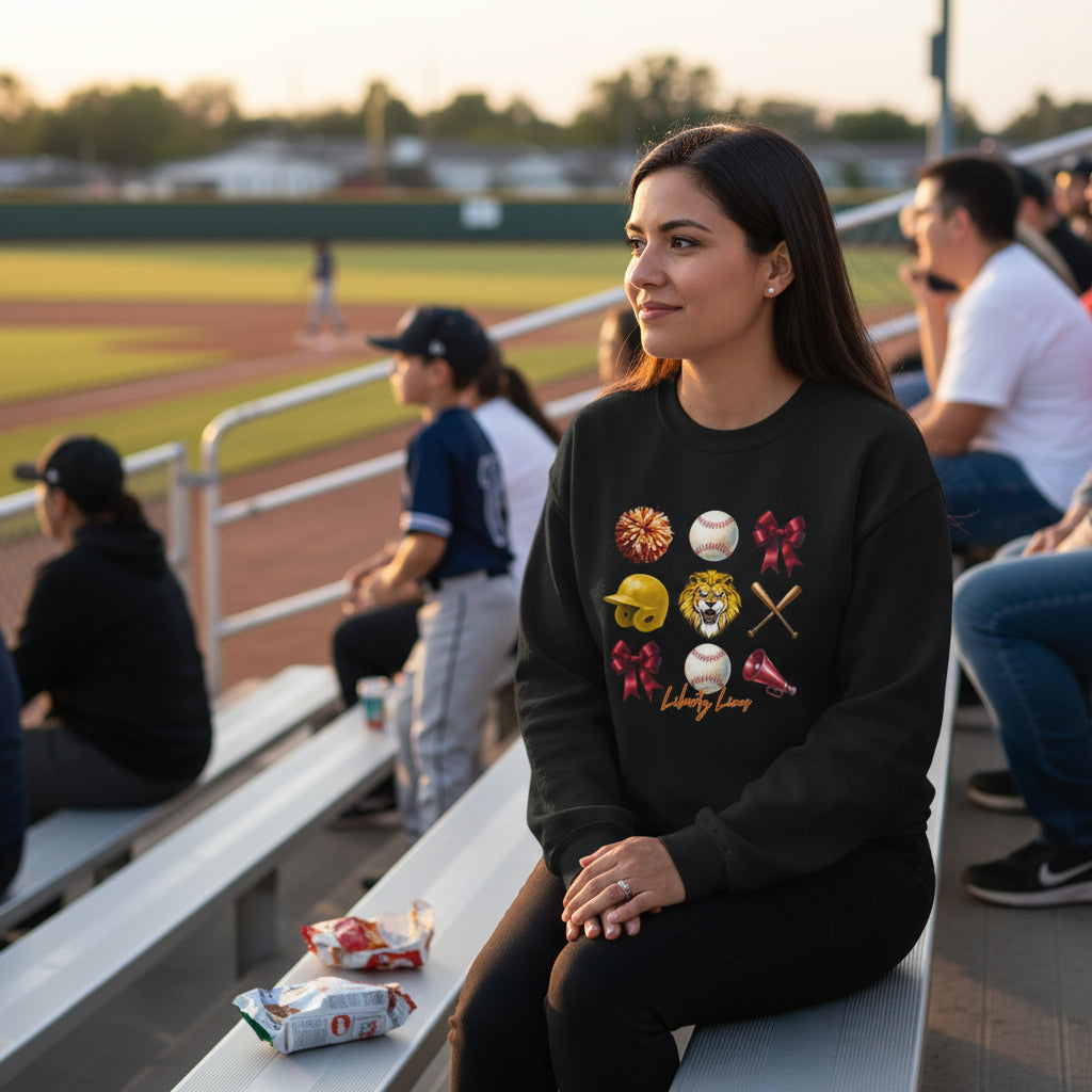 Liberty Lions baseball icons Sweatshirt | lion helmet bats bow pom pom