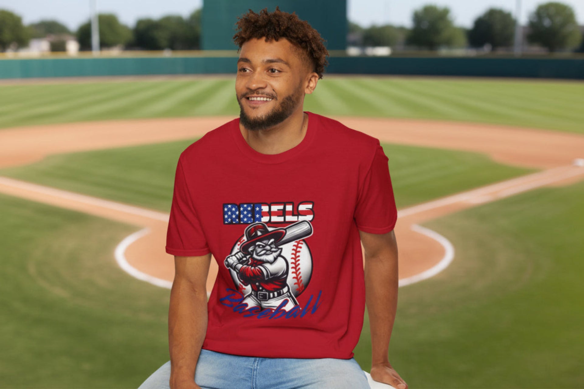 Rebels Baseball T-Shirt | Mascot Batter with American Flag Text