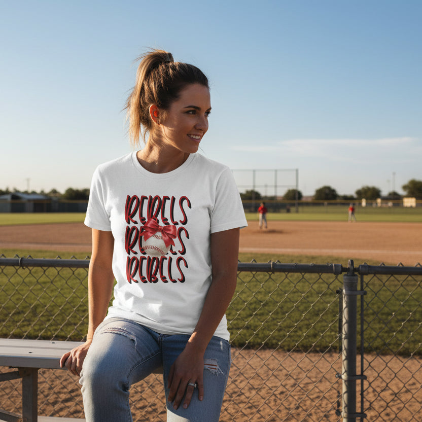 Rebels Baseball Graphic Tee | Script Lettering, Baseball with Bow