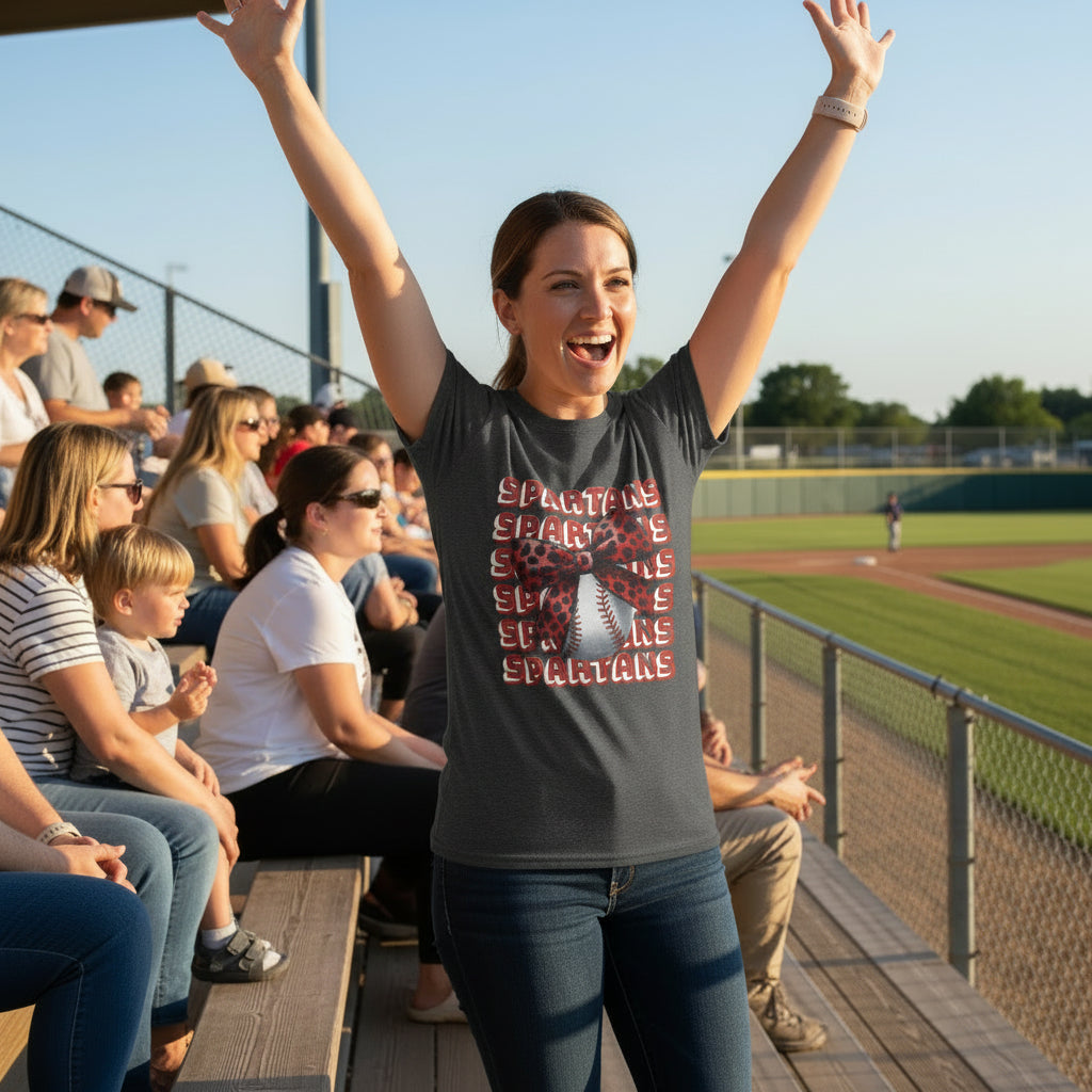 Spartans Leopard Bow Baseball Tee | Sports Team Graphic Shirt