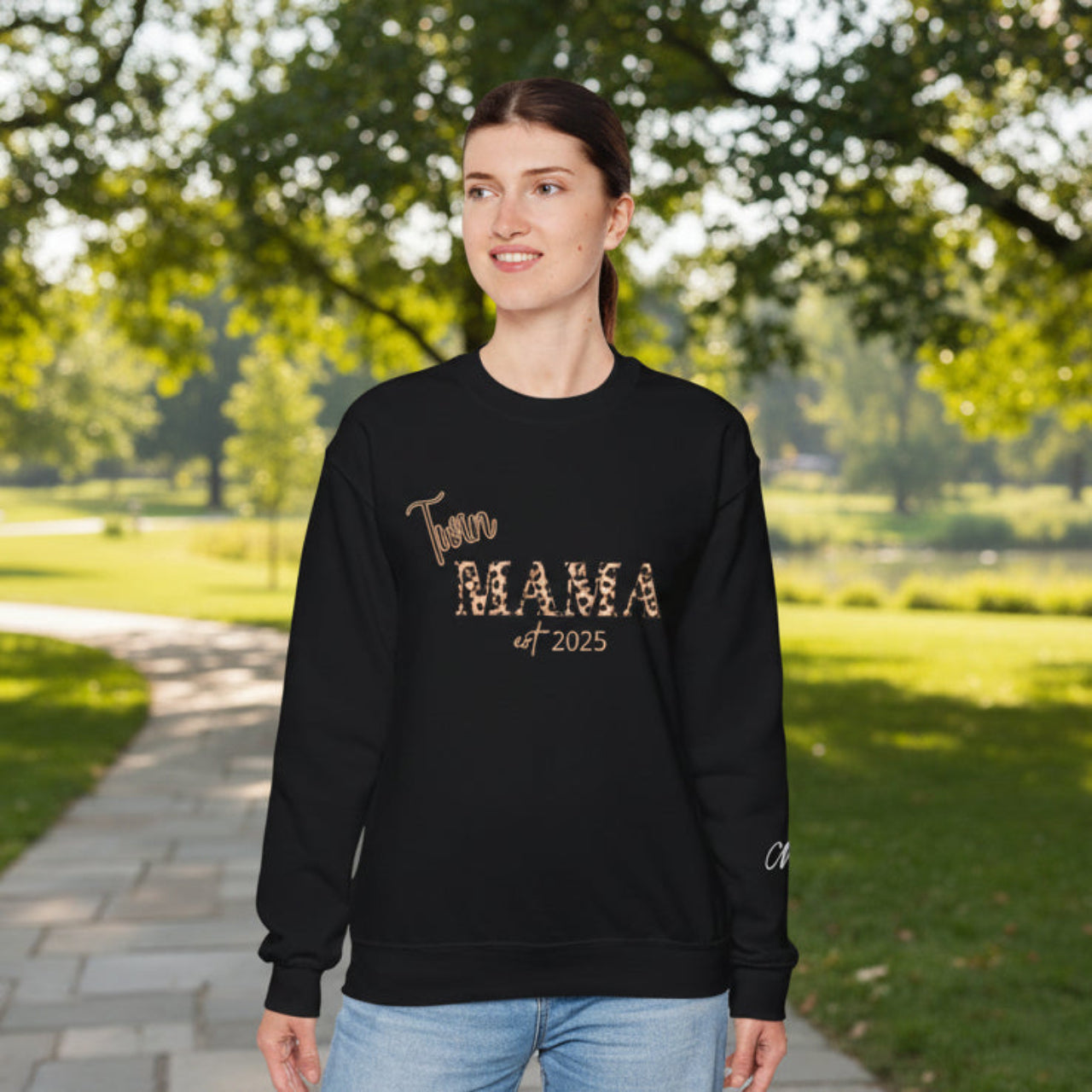 Twin Mama crewneck sweatshirt Customizable| Leopard print MAMA, est. 2025, name sleeve