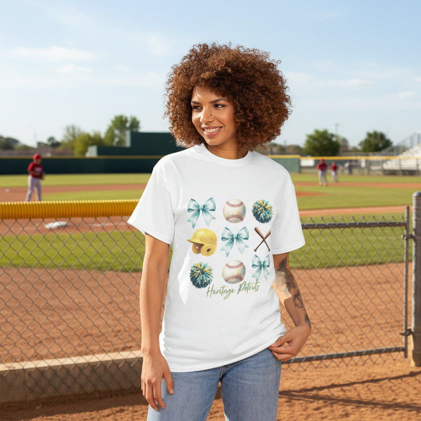 Heritage Baseball Grid with Bows Tee | Helmet, Bat, Ball, Pom Poms